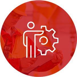 Man with gear icon on an image of a man in working clothes holding a clipboard with a red background